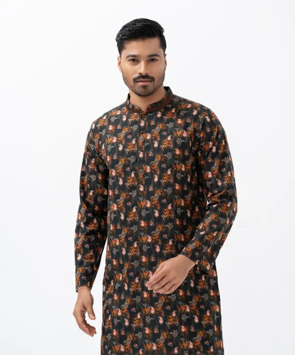 Black Cotton Semi Fitted Panjabi