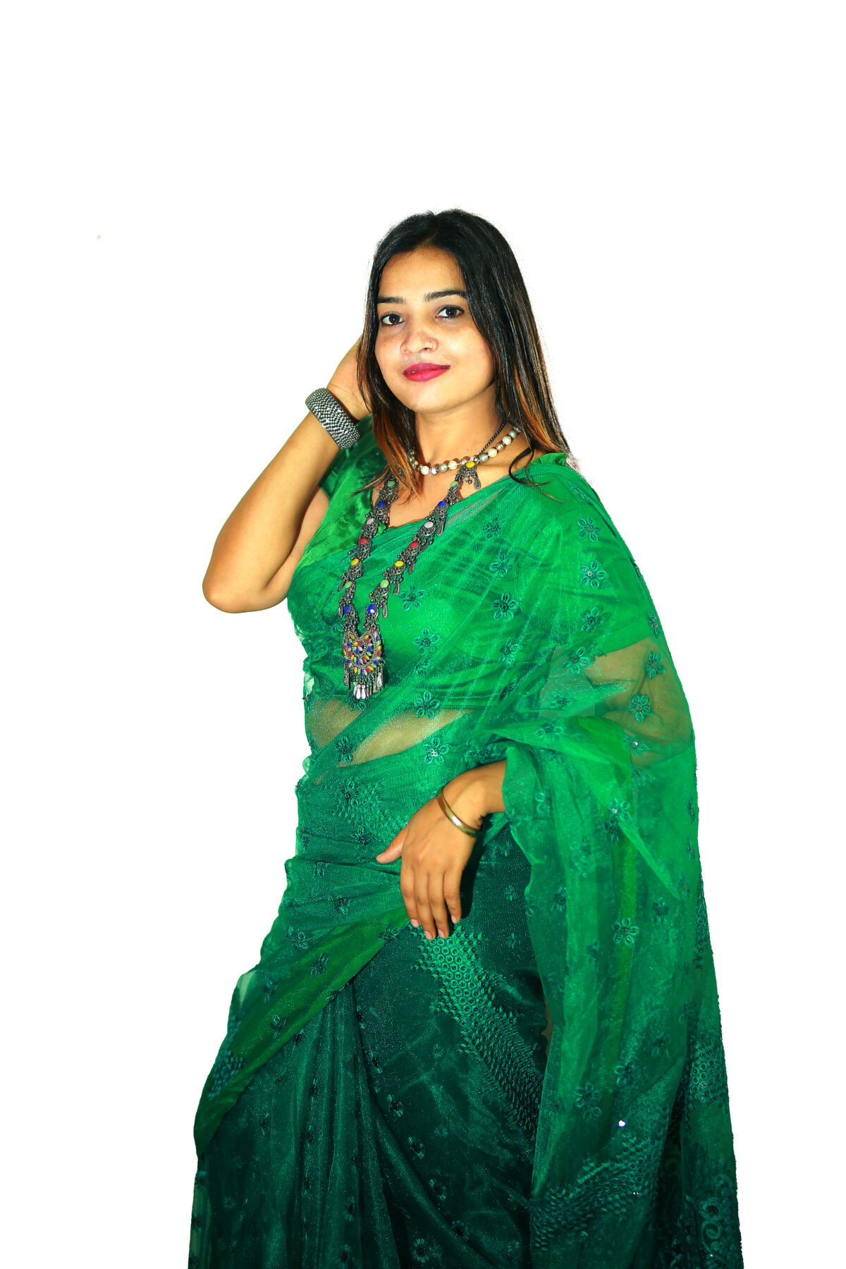 Green Sequins Work Net Saree - Image 2