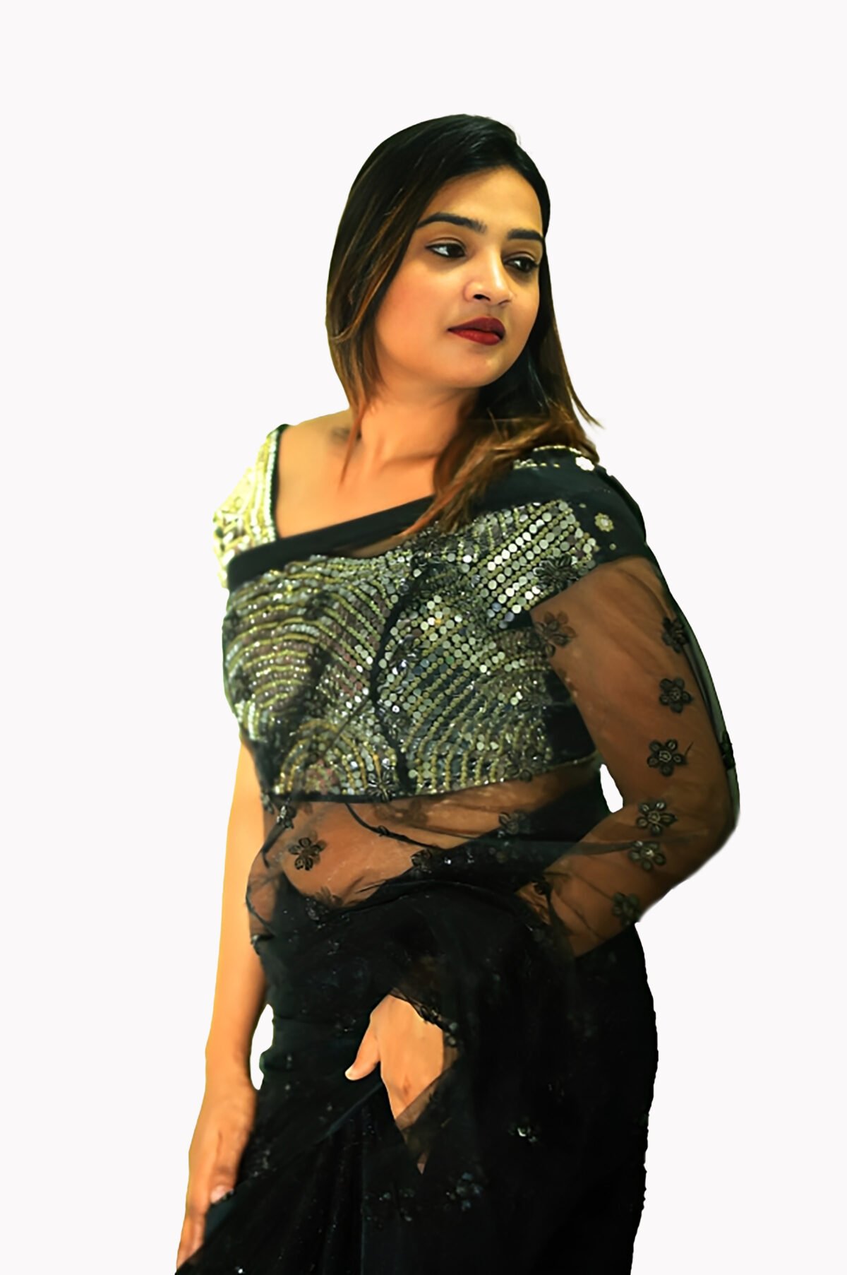 Luxury Black Net Saree with Sequin Work - Image 3