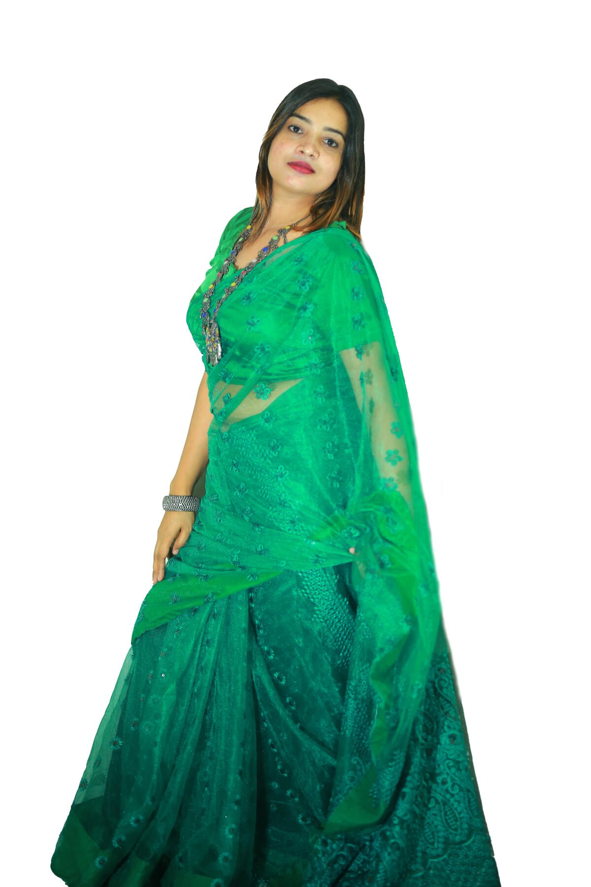 Green Sequins Work Net Saree - Image 1