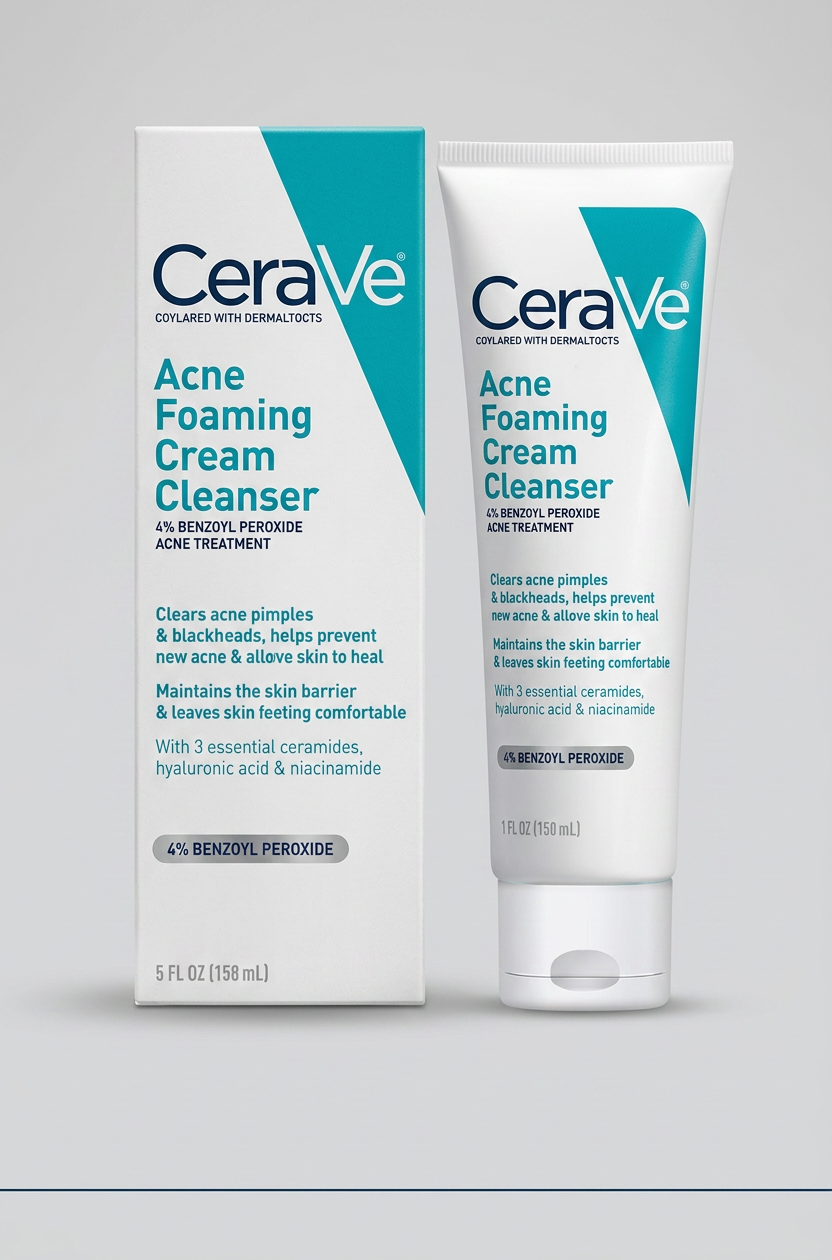 Firefly_Gemini Flash_Use the uploaded product image exactly as provided. Do NOT redesign, regenerate, modi 920028 (1) OLD NEW CeraVe 4%Acne Foaming Cream Cleanser 150ml White Bl... - Image 1