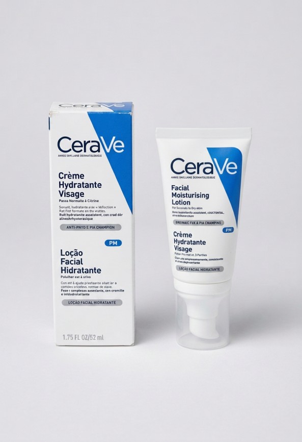 Firefly_Gemini Flash_Use the uploaded product image exactly as provided. Do NOT redesign, regenerate, new one size 5 CeraVe Facial Moisturising Lotion 52ml Blue White PM - Image 1